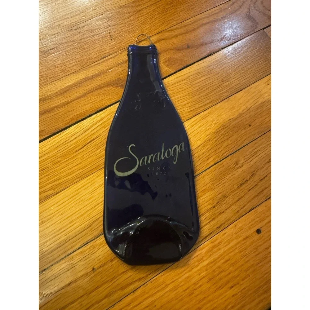 Vintage Saratoga Flattened Blue water Bottle Wall Hanging Hook Upcycled Art